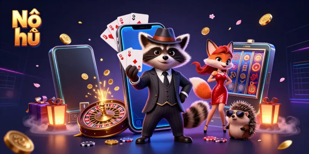 Nổ hũ gameplay illustrated with a suave raccoon character, fox lady, and hedgehog bouncer, surrounded by vibrant casino elements.