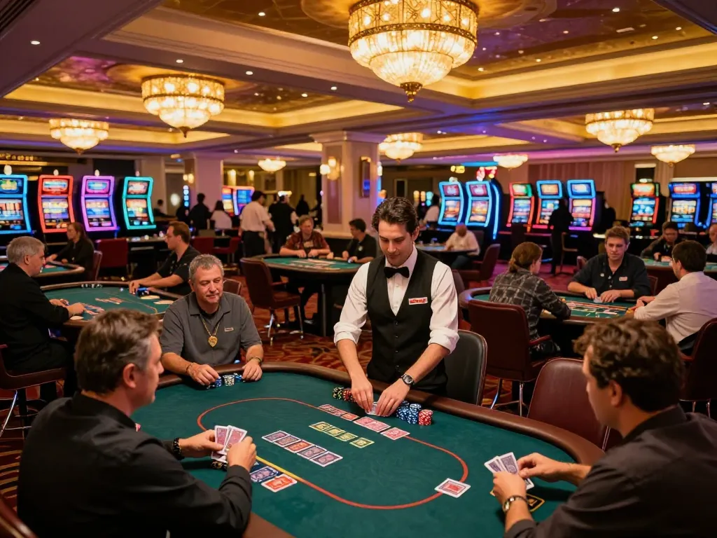 Players engaging at poker tables in a vibrant casino atmosphere, highlighting VA88 gambling strategies.