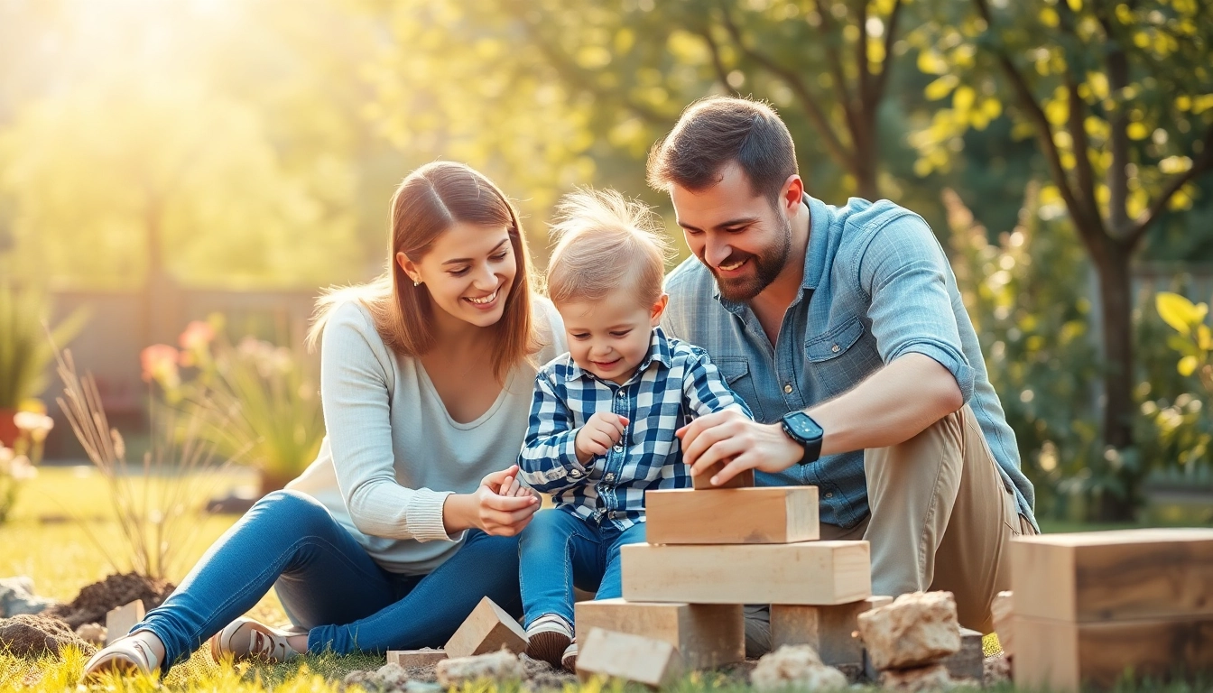 Kindererziehung mit einer warmherzigen Familie, die im Garten spielt und lernt.