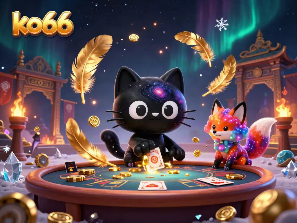Engage with thrilling casino games at ko66, featuring a cosmic cat and colorful fox in a vibrant casino setting.