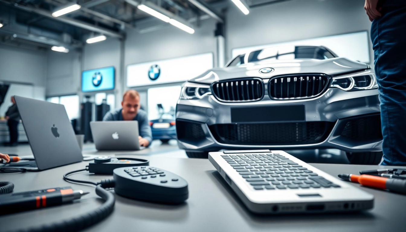 BMW Codierer optimally tuning a BMW in a modern workshop setting.