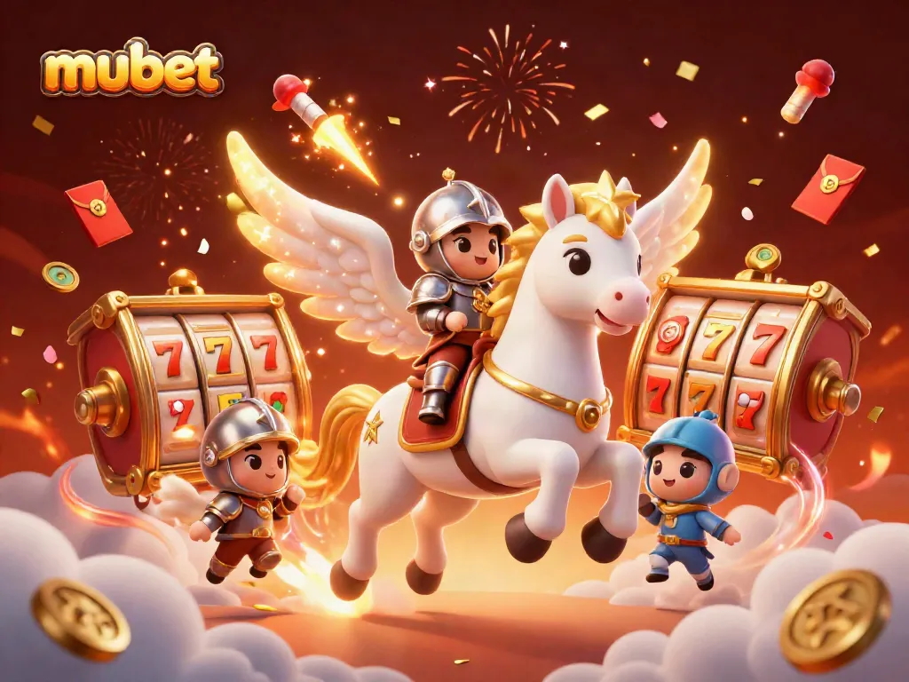 Experience the thrilling world of mubet with a dynamic illustration of a celestial horse and knight amidst vibrant casino elements.