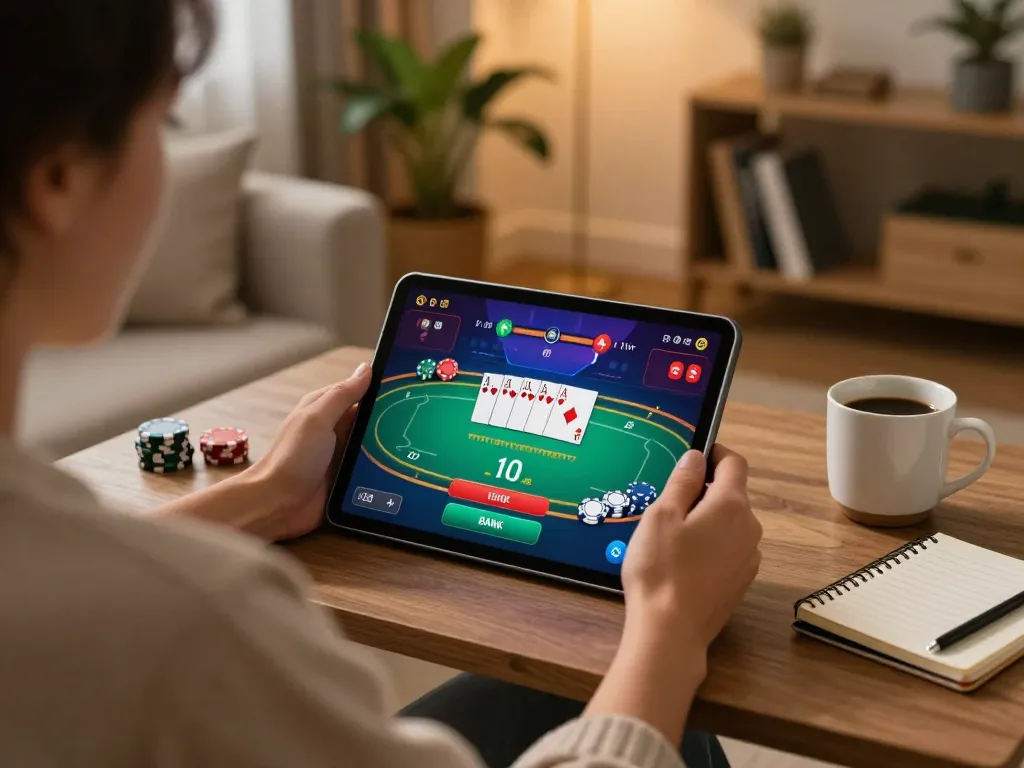 Player enjoying RR88 online casino poker on tablet, highlighting a cozy home gaming setup.