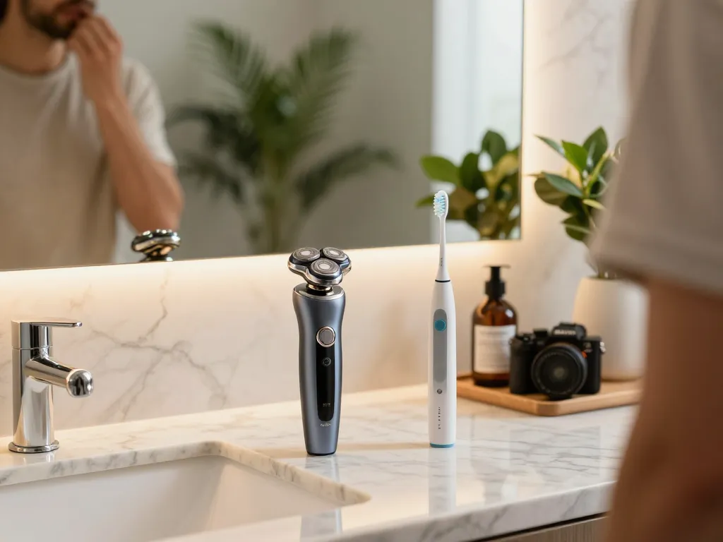 Elegante Grooming-Ausstattung mit dem elektrischen Rasierer und der Zahnbürste von Laifen EU in einem luxuriösen Badezimmer.