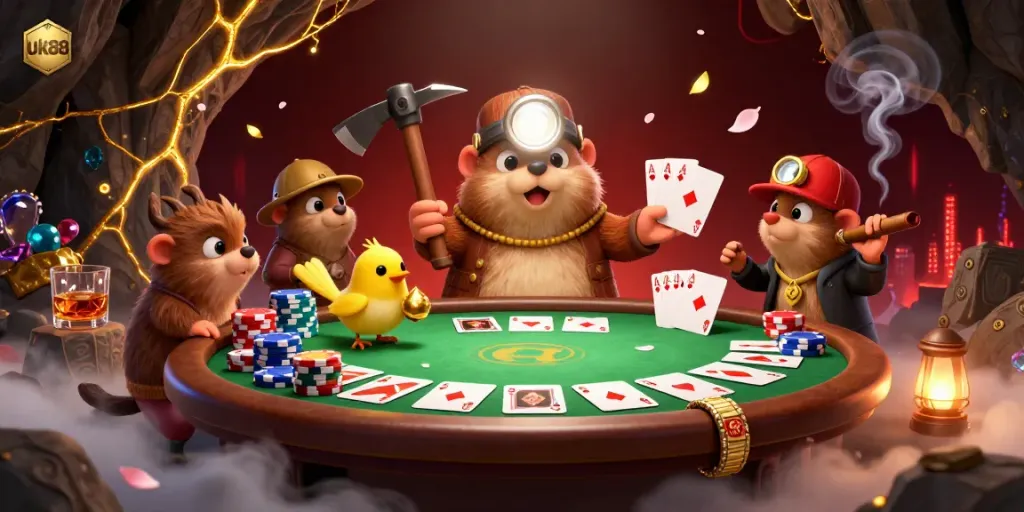 Experience the thrill of uk88 with a treasure hunter uncovering casino riches in a vivid scene.