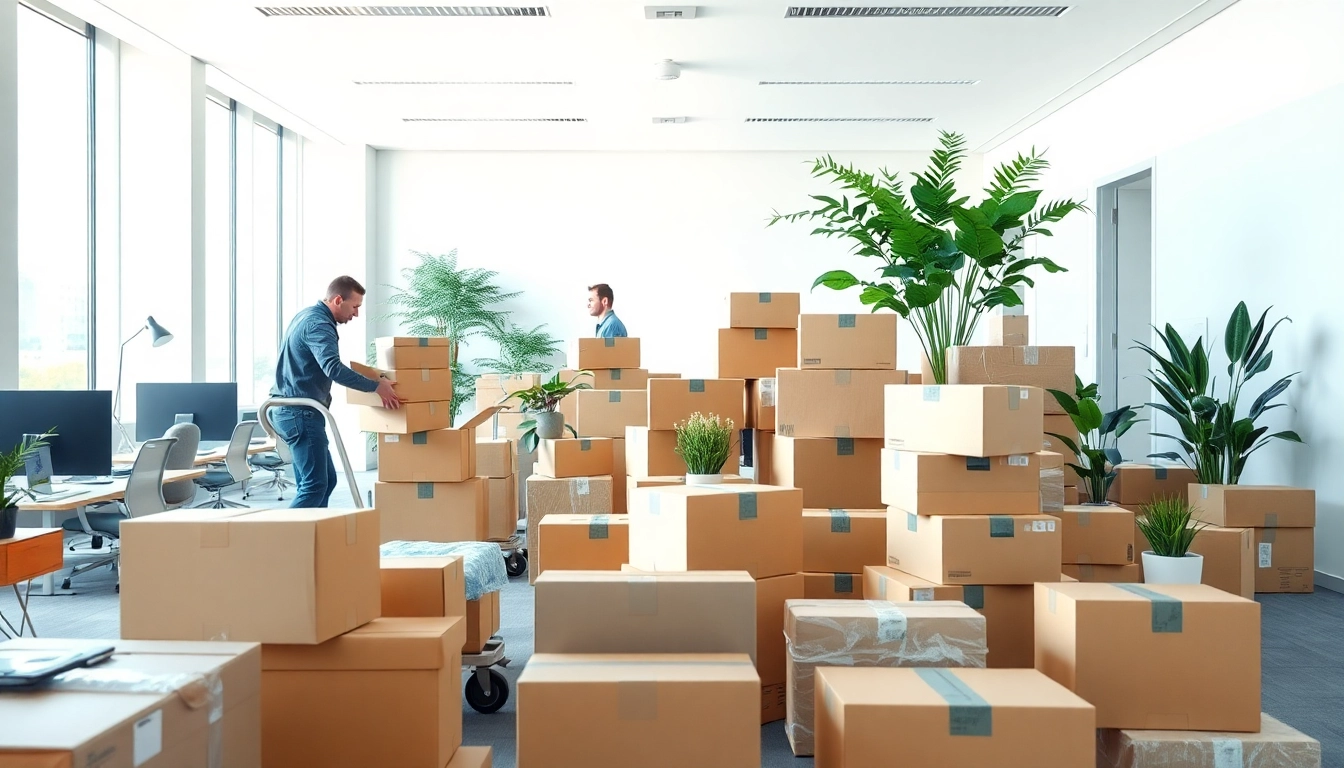 Büroumzug Berlin mit professionellen Umzugshelfern, die Büromöbel und Kartons packen.