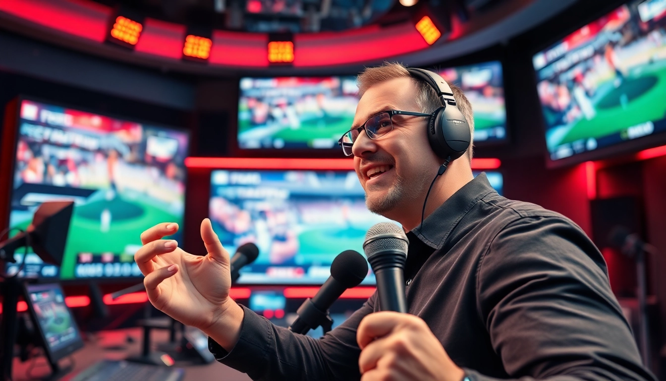 Engaging sports broadcasting scene with a passionate announcer on air.