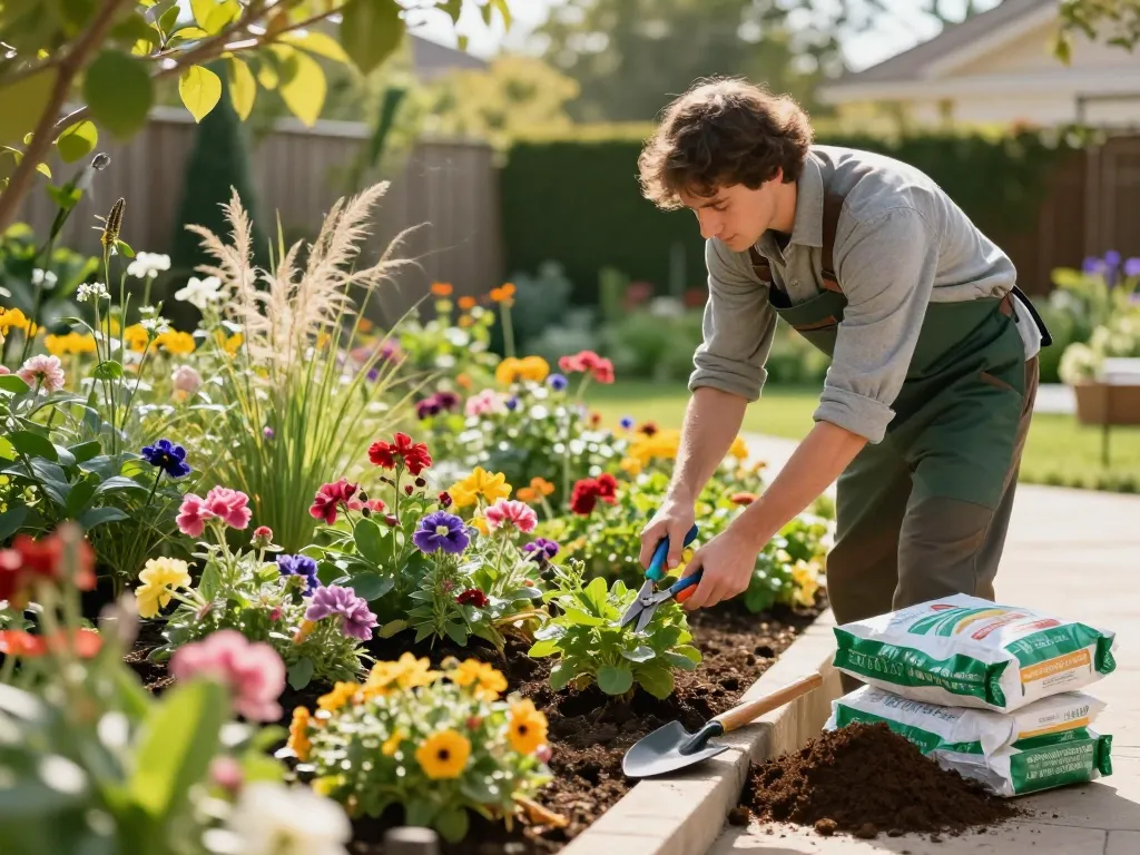 Gartenpflege vom Fachbetrieb in Münster, der einen professionellen Landschaftsgestalter zeigt, der bunte Blumenbeete in einem sonnigen Wohngarten pflegt.