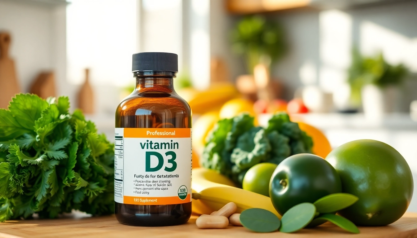 Vitamin D3 Supplement neben frischem Gemüse und Obst in einer hellen Küche