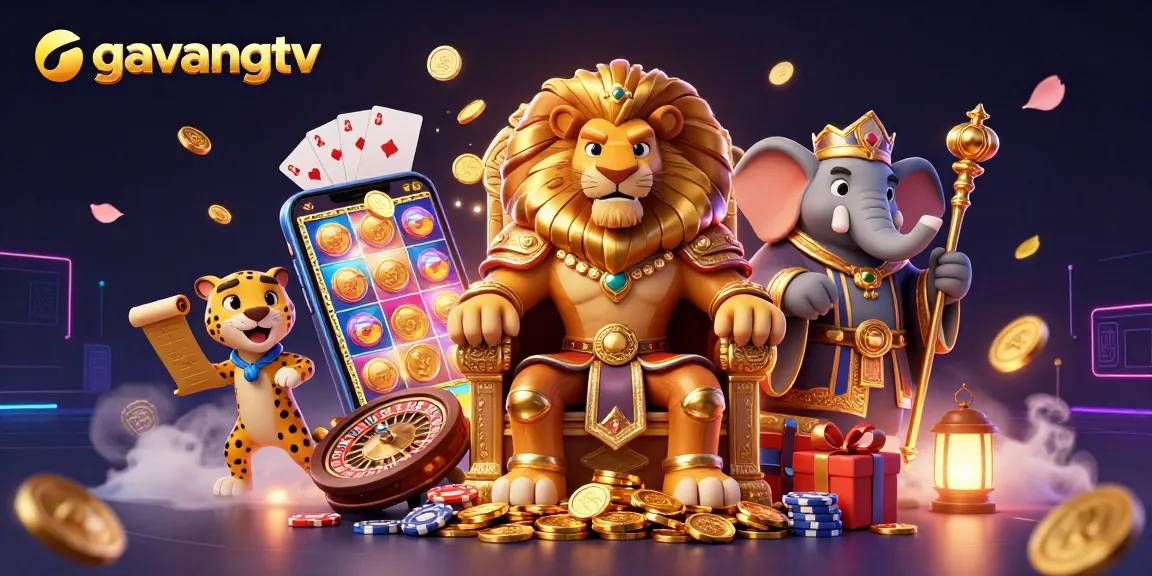 Experience the excitement of gavangtv with this dynamic 3D casino illustration showcasing iconic characters.