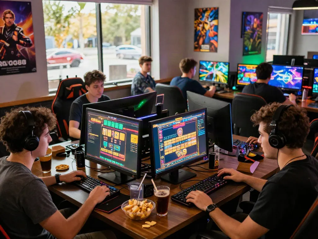 Engaged group enjoying rokok88 slot games in a lively gaming lounge environment.