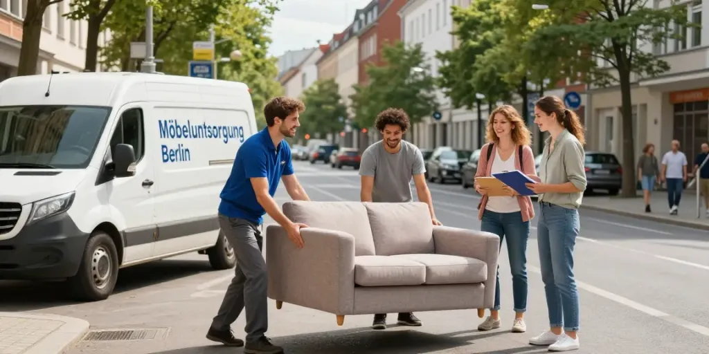 Professionelles Team in Berlin bei Möbelentsorgung, große Couch wird abtransportiert.