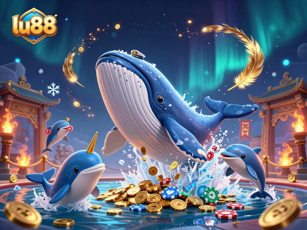 Experience the thrilling action of lu88 as a whale, narwhal, and playful dolphins engage in a vibrant casino scene.