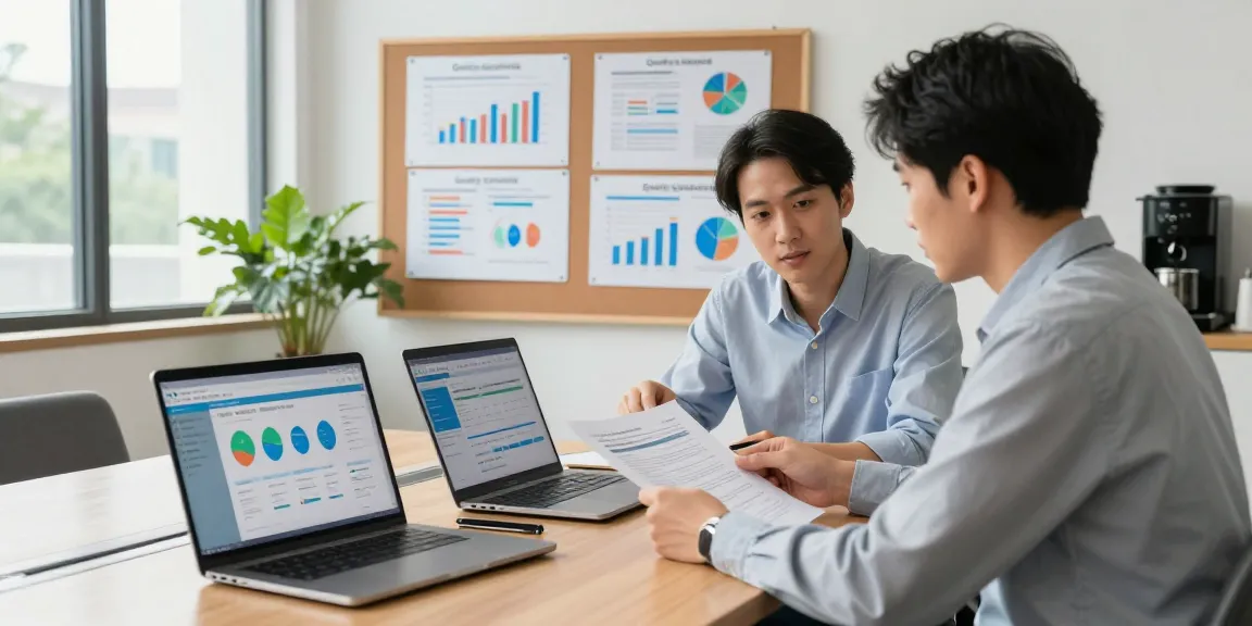 Experts reviewing quality standards documents in a professional setting, demonstrating the process of Qualitätsstandards einsehen.