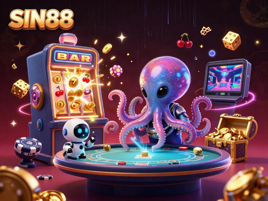 Experience the thrill of SIN88 with an alien octopus dealing poker at a vibrant casino.