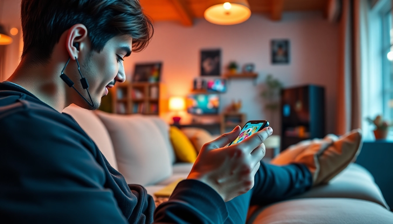 Tải app twin68 for an immersive mobile gaming experience in a cozy setting.