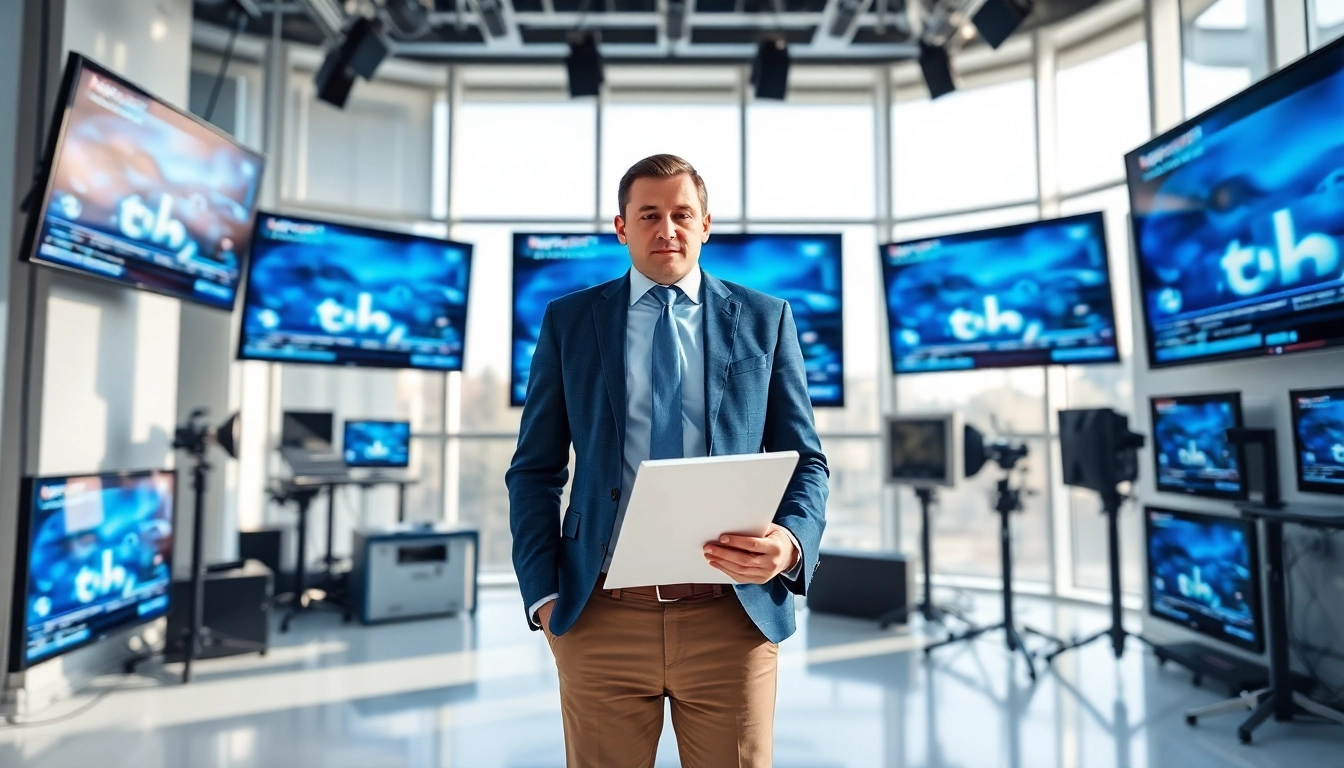 Technik News Reporter in a modern newsroom with tech displays.