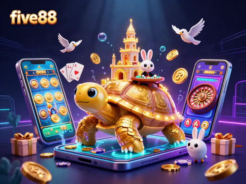 Experience exciting wins at five88 with a cartoon golden tortoise at a vibrant casino scene.