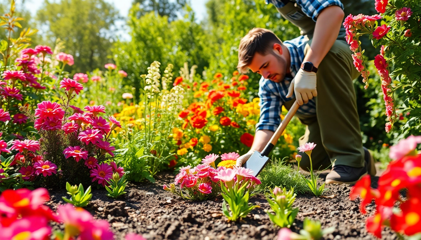 Gartenbau in einem bunten Garten mit einem Landschaftsgärtner, der an Pflanzen arbeitet.
