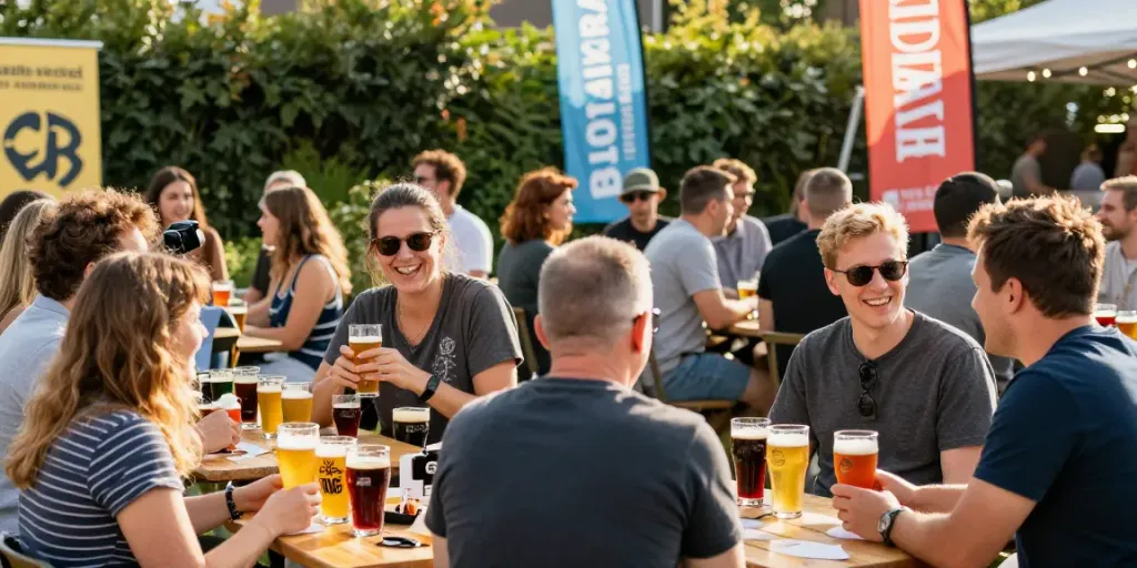 Freunde genießen verschiedene Biere bei einer Bier-App-Veranstaltung im Freien.