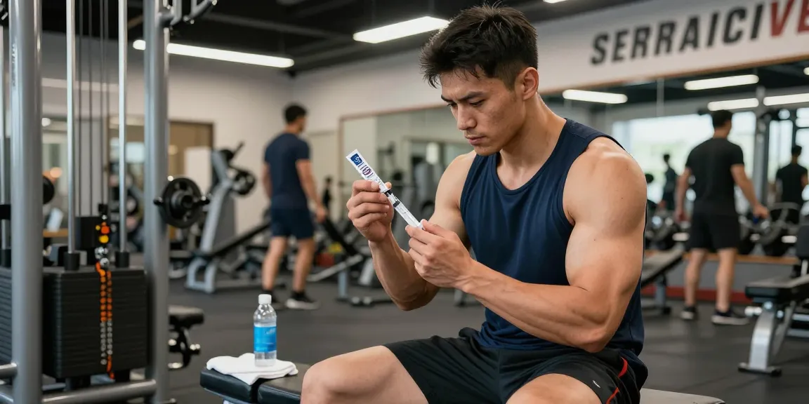 Anabolika Shop: Athletischer Mann demonstriert Injektionstechnik für anabole Steroide in einem modernen Fitnessstudio.