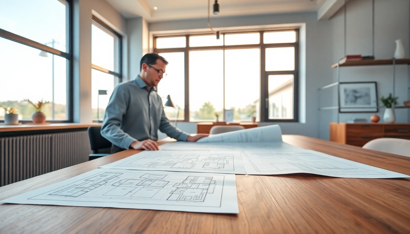 Haus bauen: Architekt betrachtet Baupläne in einem modernen Büro mit natürlichem Licht.