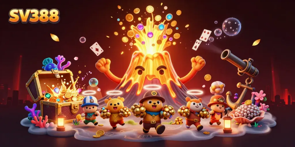 Experience SV388 with a triumphant volcanic eruption and treasure-filled underwater scene.