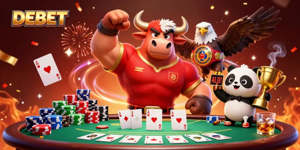 Experience the thrill of DEBET with a victorious bull mascot, eagle, and panda surrounded by poker elements.