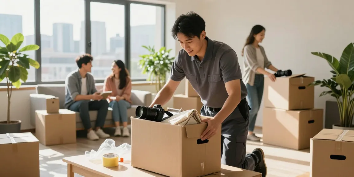 Umzugsunternehmen Ludwigshafen beim fachgerechten Verpacken von Haushaltsgegenständen in einer modernen Wohnung.
