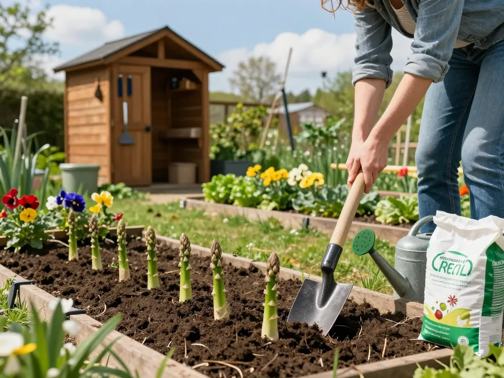 Buying grünspargel pflanzen kaufen with a gardener planting in a spring garden.