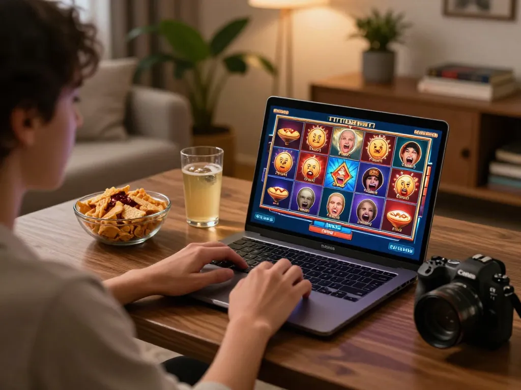 Person playing slots on trang chủ NK88, showcasing a vibrant game screen and cozy home atmosphere.