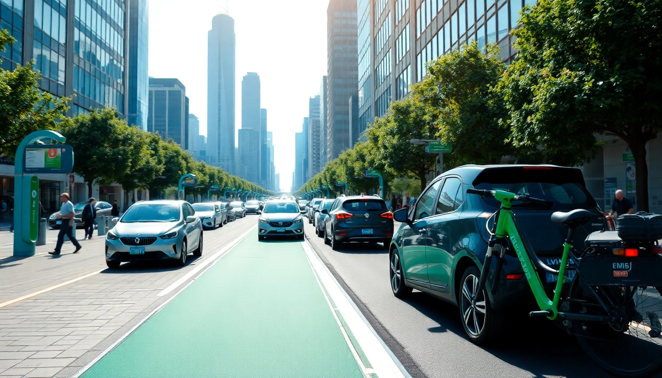 Smart Mobility solutions depicted in a vibrant urban landscape with electric vehicles.