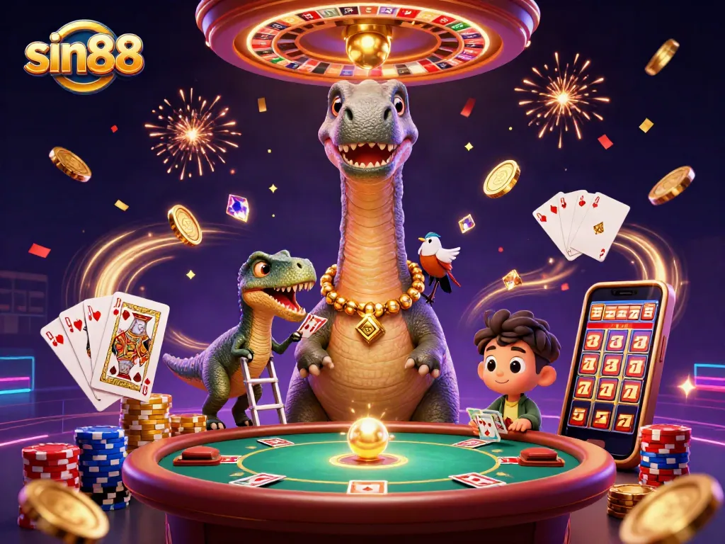 Engage in vibrant gaming action at sin88 with a giant brontosaurus, raptor dealer, and casino excitement.