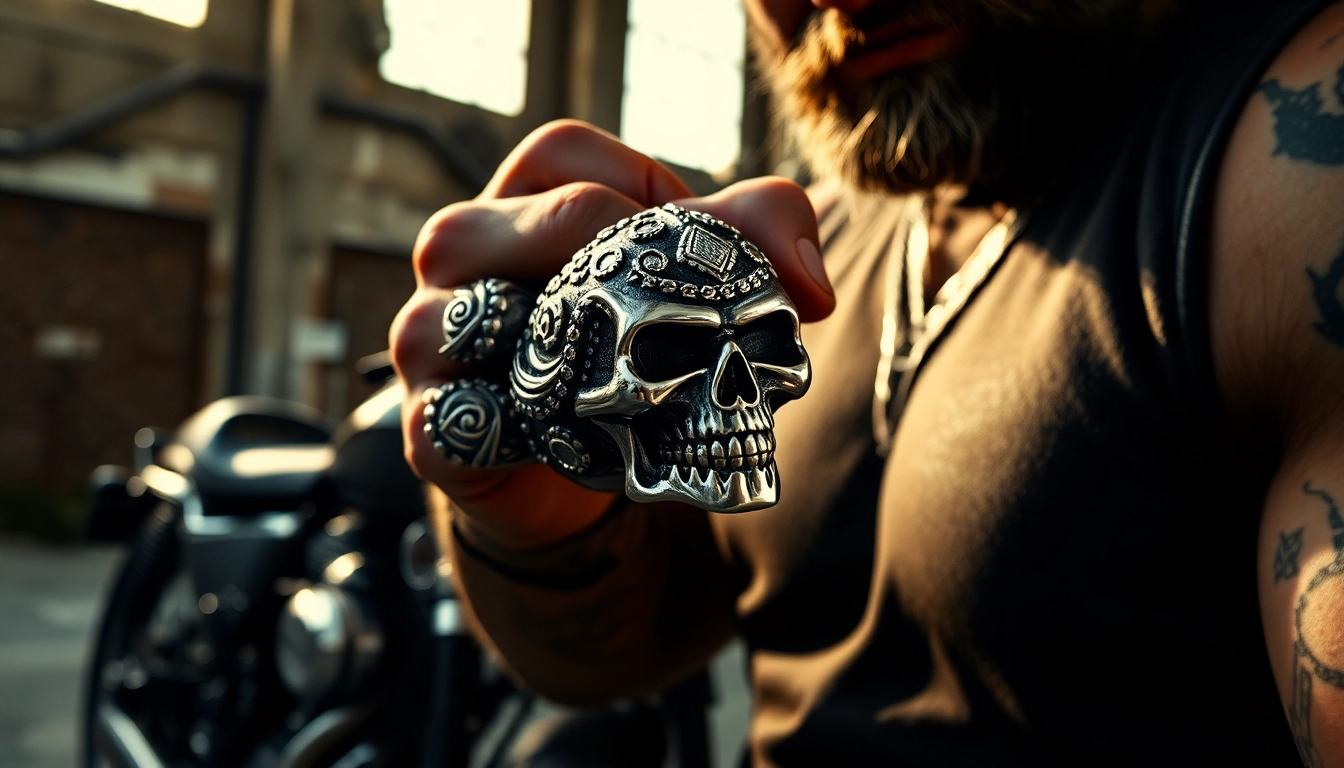 Bikerschmuck Ring mit detaillierten Designs von einem Biker präsentiert.