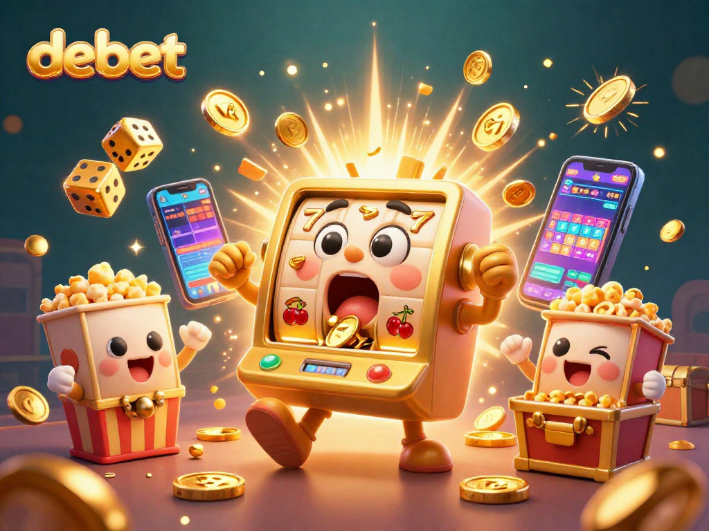 Experience the excitement of debet's jackpots with golden slot machines and colorful casino game elements.