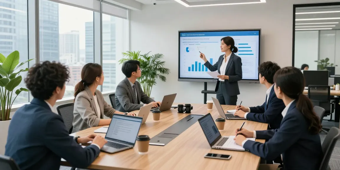 Arbeitskultur bewerten in einem modernen Büroraum mit einem vielfältigen Team in einer Besprechung.