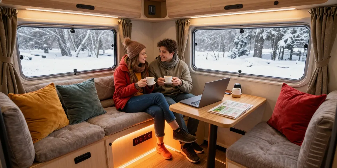 Warmes und einladendes Interieur eines Wohnmobils mit Fußheizung, Paar genießt Kaffee beim Planen eines Abenteuers.