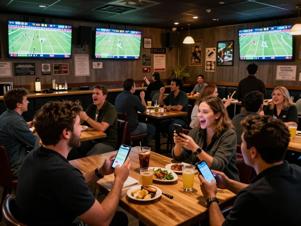 Fans celebrating at a lively sports bar while checking tỷ số trực tuyến 7m on their smartphones.