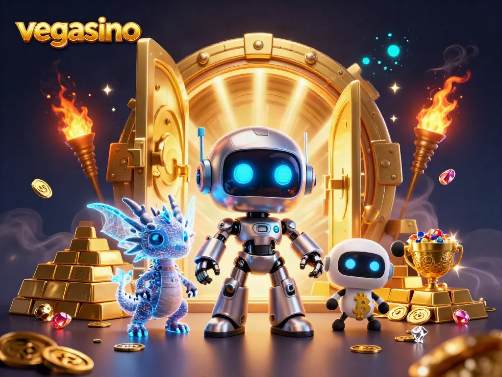 Win big at vegasino with a vibrant 3D illustration of a cyberpunk robot and gold treasures.