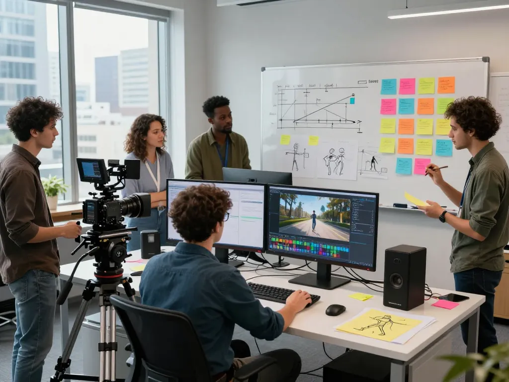 Team collaborating on free motion control video production using Kling 2.6 AI technology in a modern studio setting.