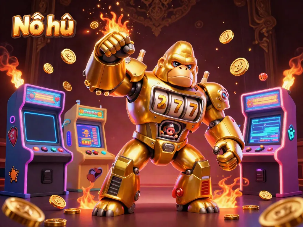 Nổ hũ slot jackpot scene featuring a golden gorilla mech with coins exploding, 3D arcade elements in a dynamic atmosphere.