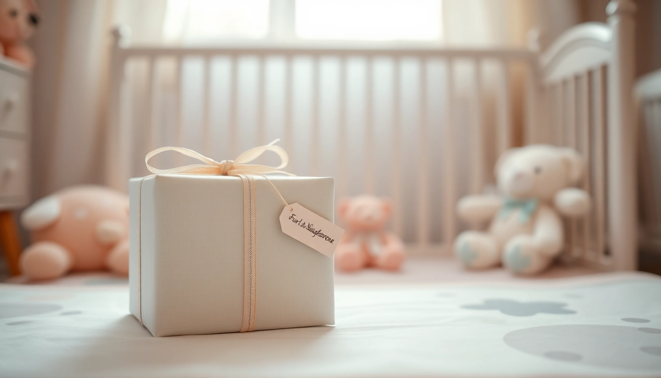 Geschenk zur Geburt liebevoll verpackt mit pastellfarbenen Details in einem gemütlichen Kinderzimmer.