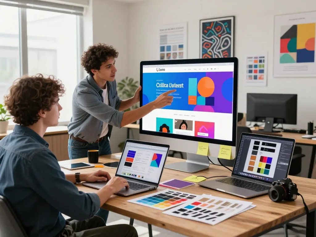 Beratung mit einem Webdesign-Berater in einem modernen Büro mit lebendigen Webdesigns und Zusammenarbeitselementen.