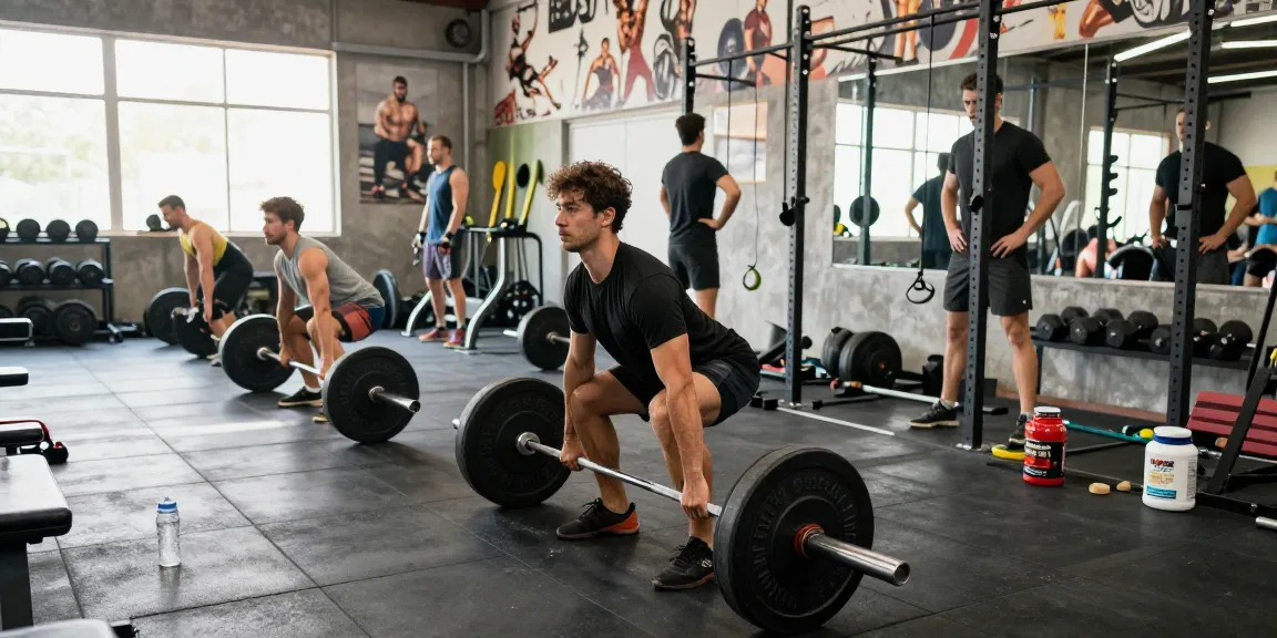Dynamische Gewichtheber-Session in einem Fitnessstudio, die den Fokus der Steroidshop-Community auf Fitness und Stärke betont.