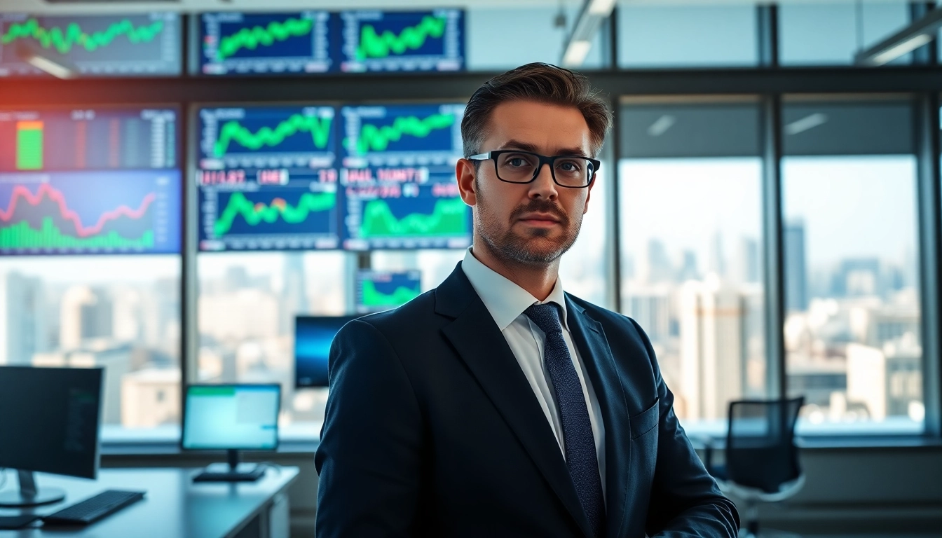 Finanzanalyst analysiert Wertpapiere in einem modernen Büro mit realen Börsendaten.
