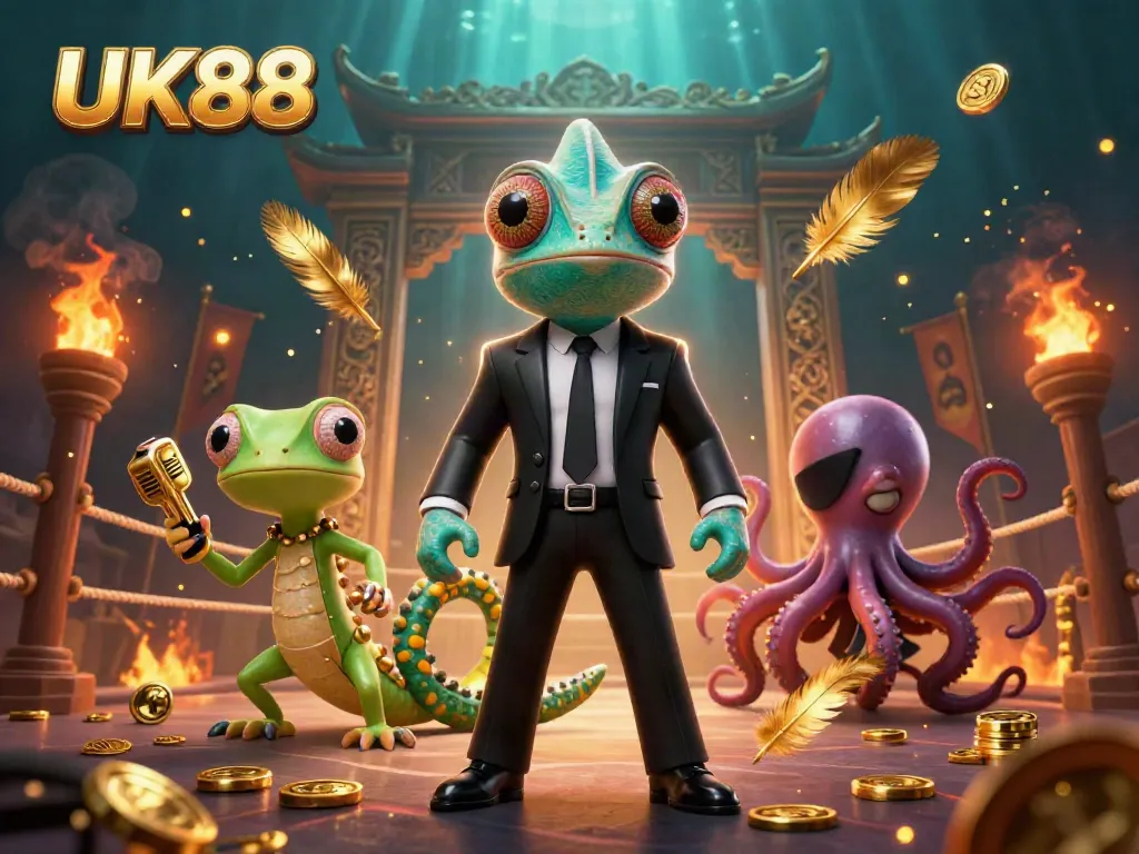 An action-packed UK88 illustration featuring characters and dynamic casino elements set in a vibrant underwater world.