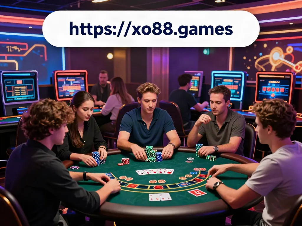 Exciting online gaming scene at https://xo88.games/ with players enjoying Baccarat and Poker in a vibrant digital casino.