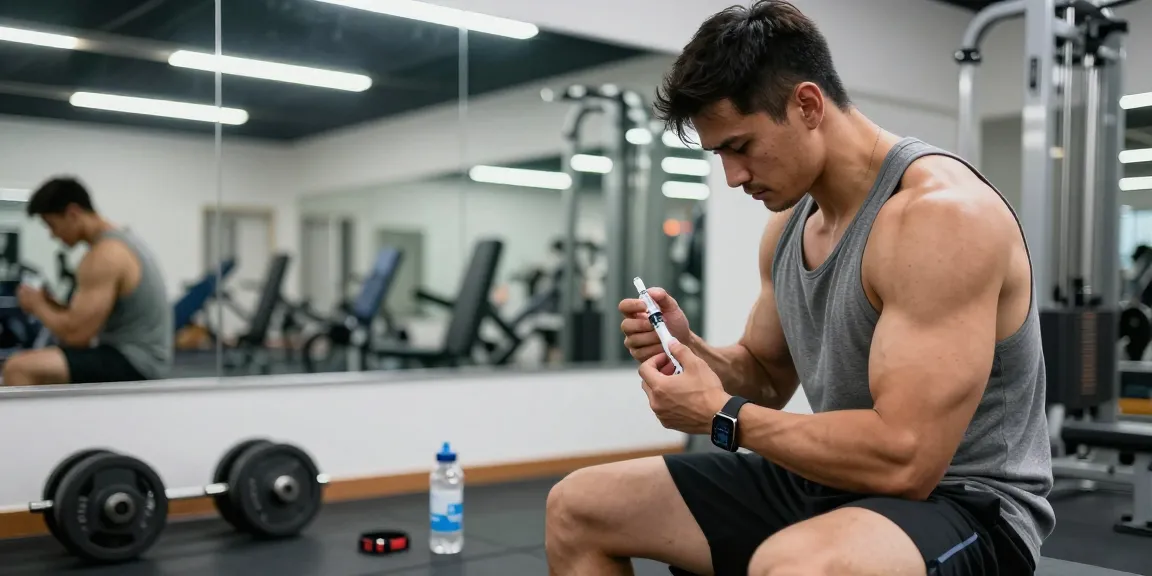 Anabolika Shop: Bodybuilder demonstriert die richtige Steroidinjektionstechnik in einem modernen Fitnessstudio, betont professionelle Fitness.