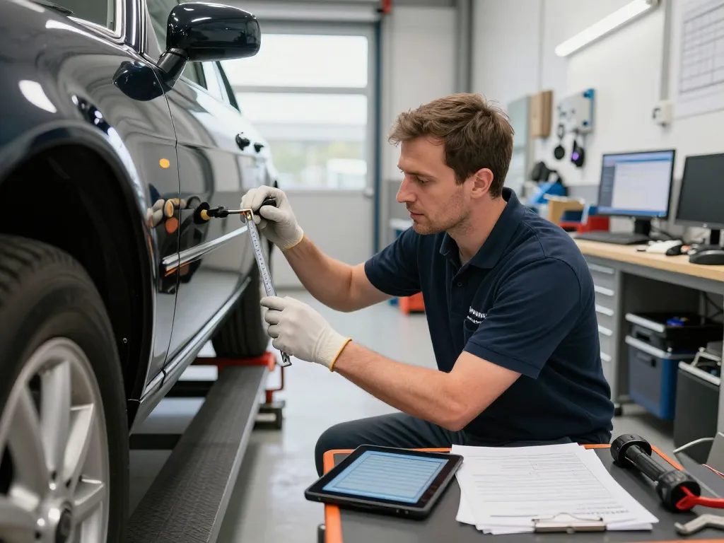 Kfz Gutachter Bonn, der ein klassisches Auto in einer professionellen Automobilwerkstatt mit Werkzeugen und Unterlagen inspiziert.