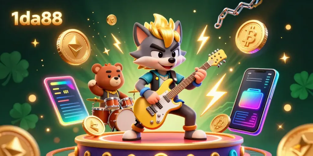 Experience thrilling wins with the vibrant 1da88 casino scene showcasing energetic characters and crypto elements.
